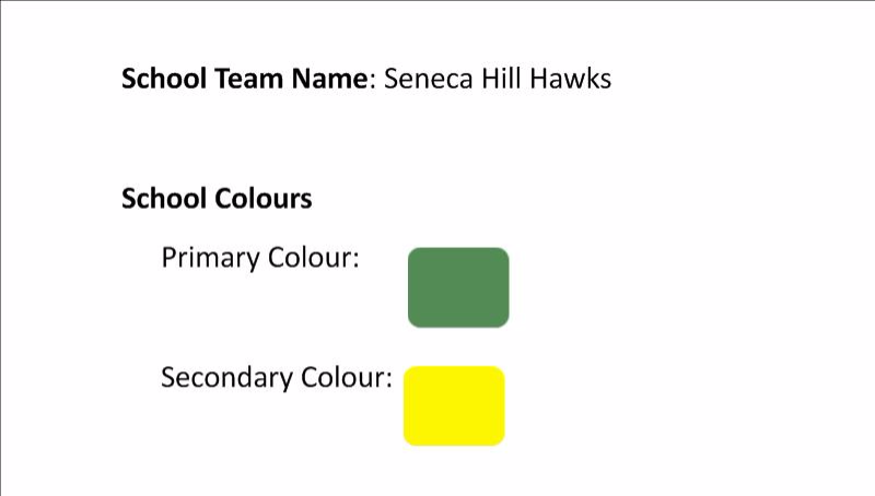 School team name: Seneca Hill Hawks. School colors: green(primary), yellow(secondary)