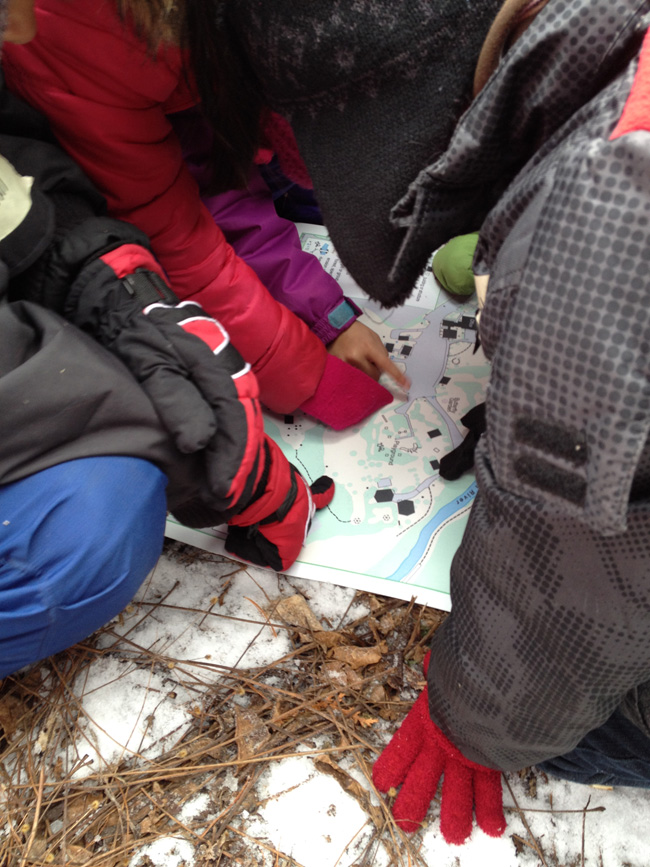 students reading a map of forest valley