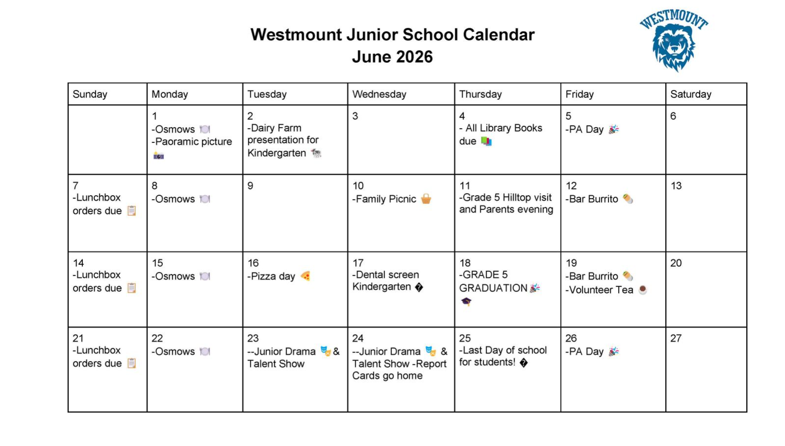 Westmount June 2026 Calendar
