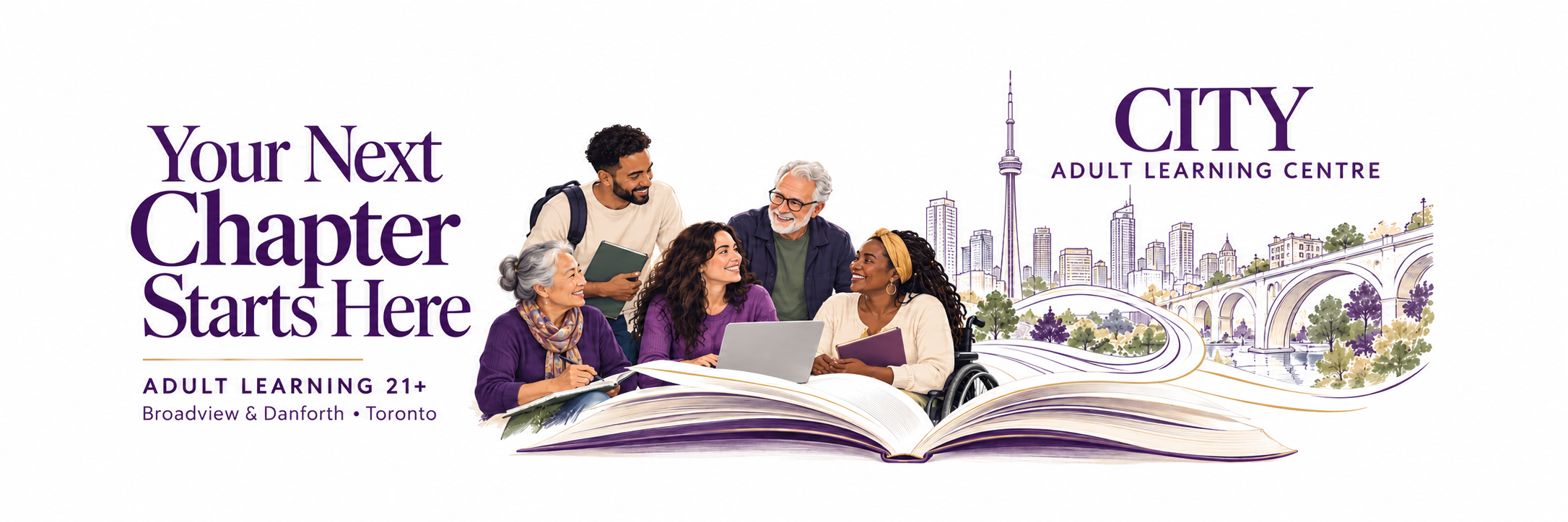 Purple banner with book, people, and skyline