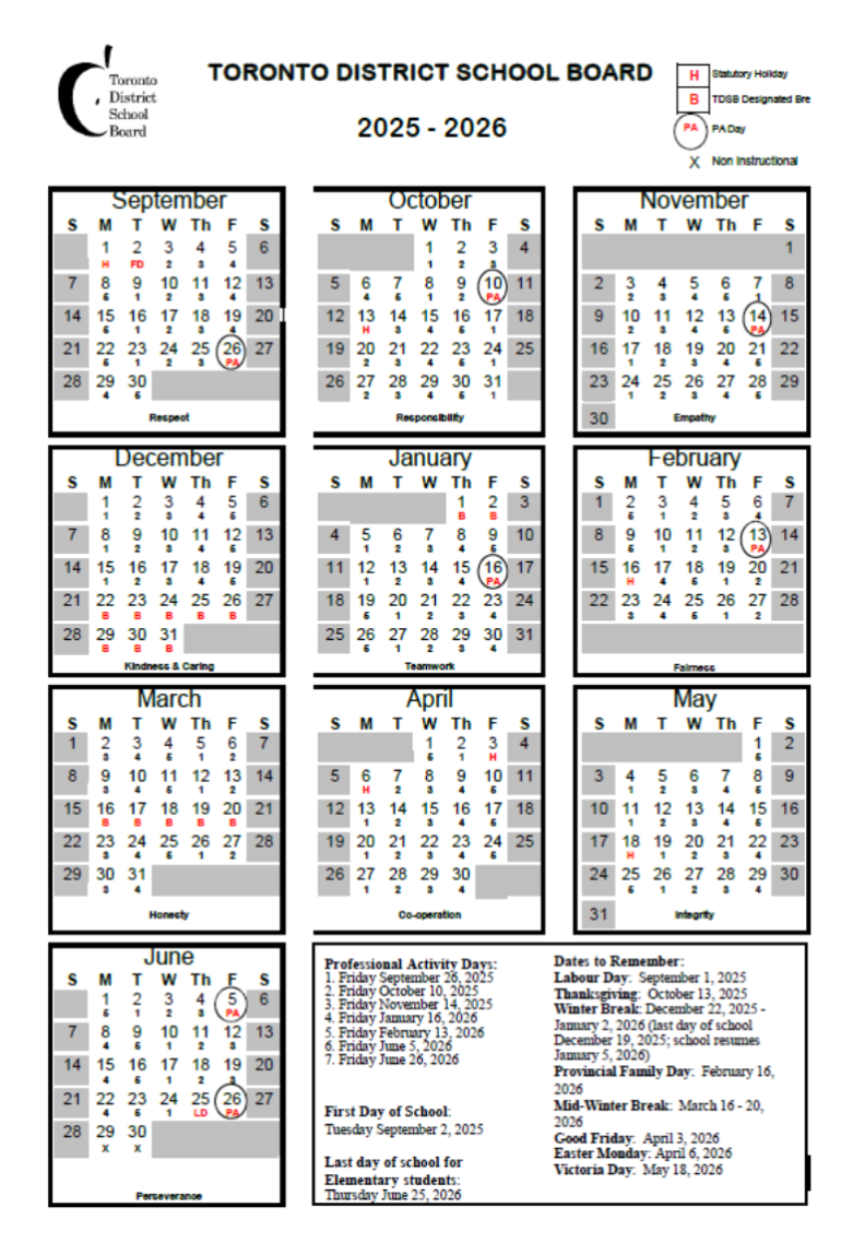 2025/2026 TDSB Calendar