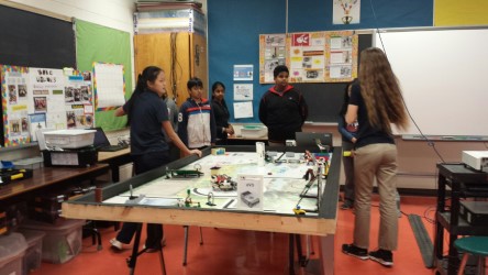 students standing by a workbench