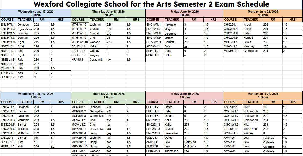 Semester 2 Exam Schedule