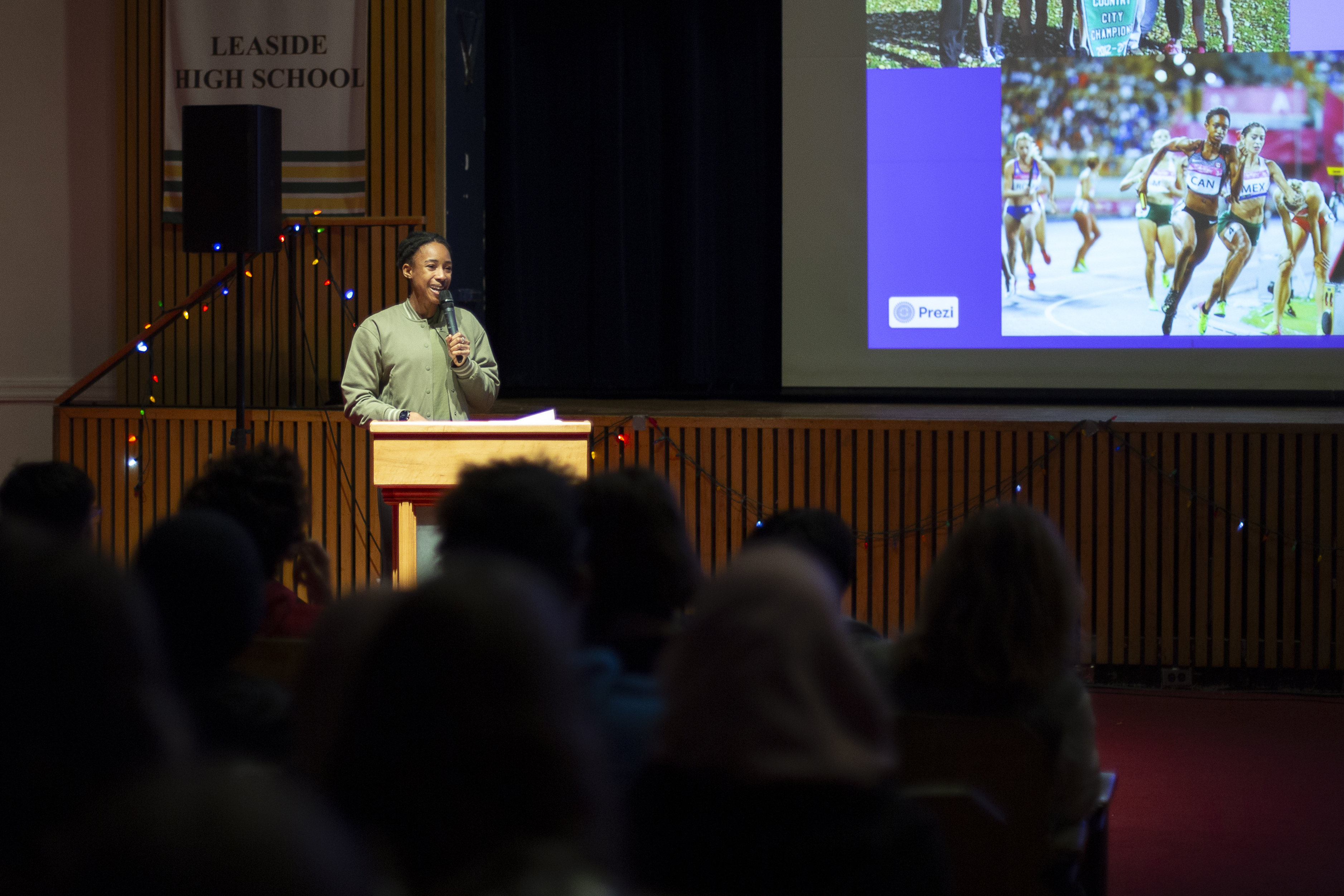 Micha Powell speaks at a Leaside assembly about overcoming adversity & her experience in the Olympics. Open Gallery