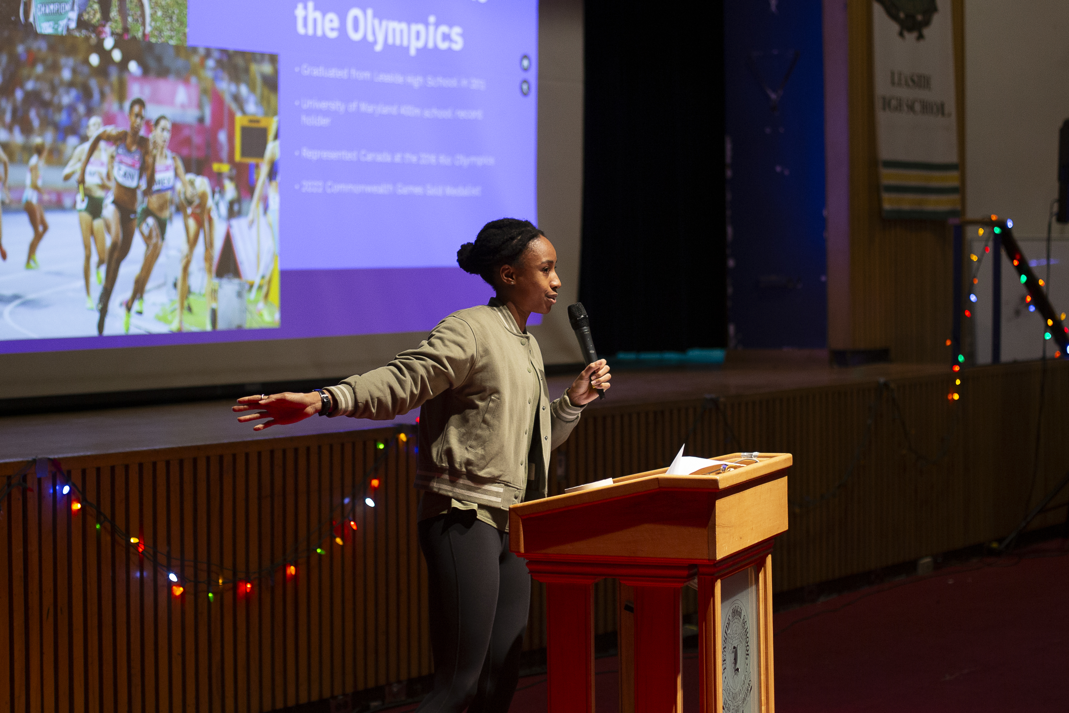 Micha Powell speaks at a Leaside assembly about overcoming adversity & her experience in the Olympics. Open Gallery