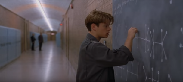 movie scene of student writing on blackboard