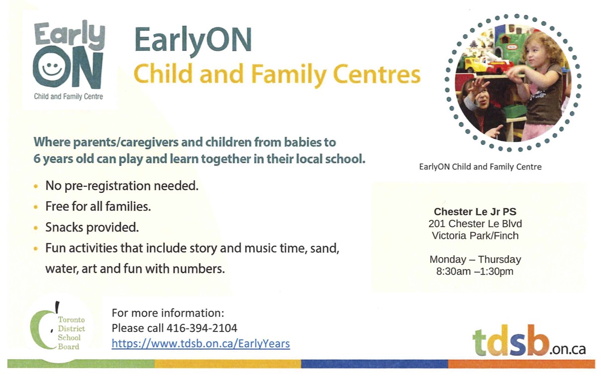 Image of EarlyON Child and Family Centre at Chester Le JPS and information..