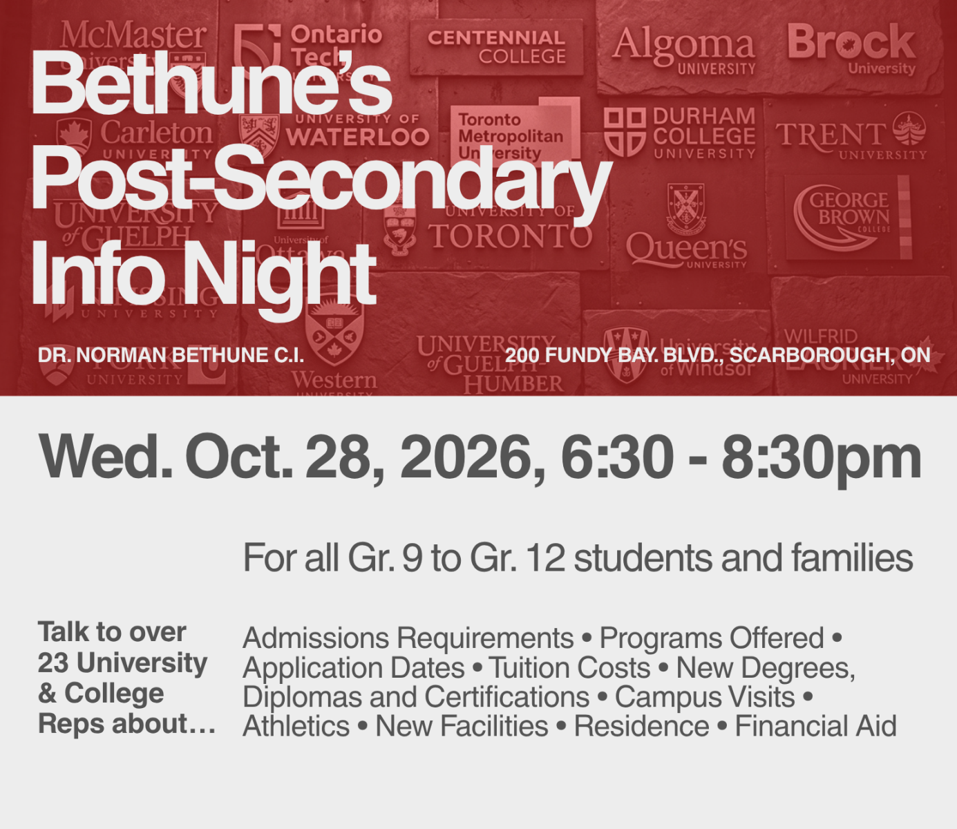 Bethune Post-Secondary Night Oct 28 @ 6:30pm