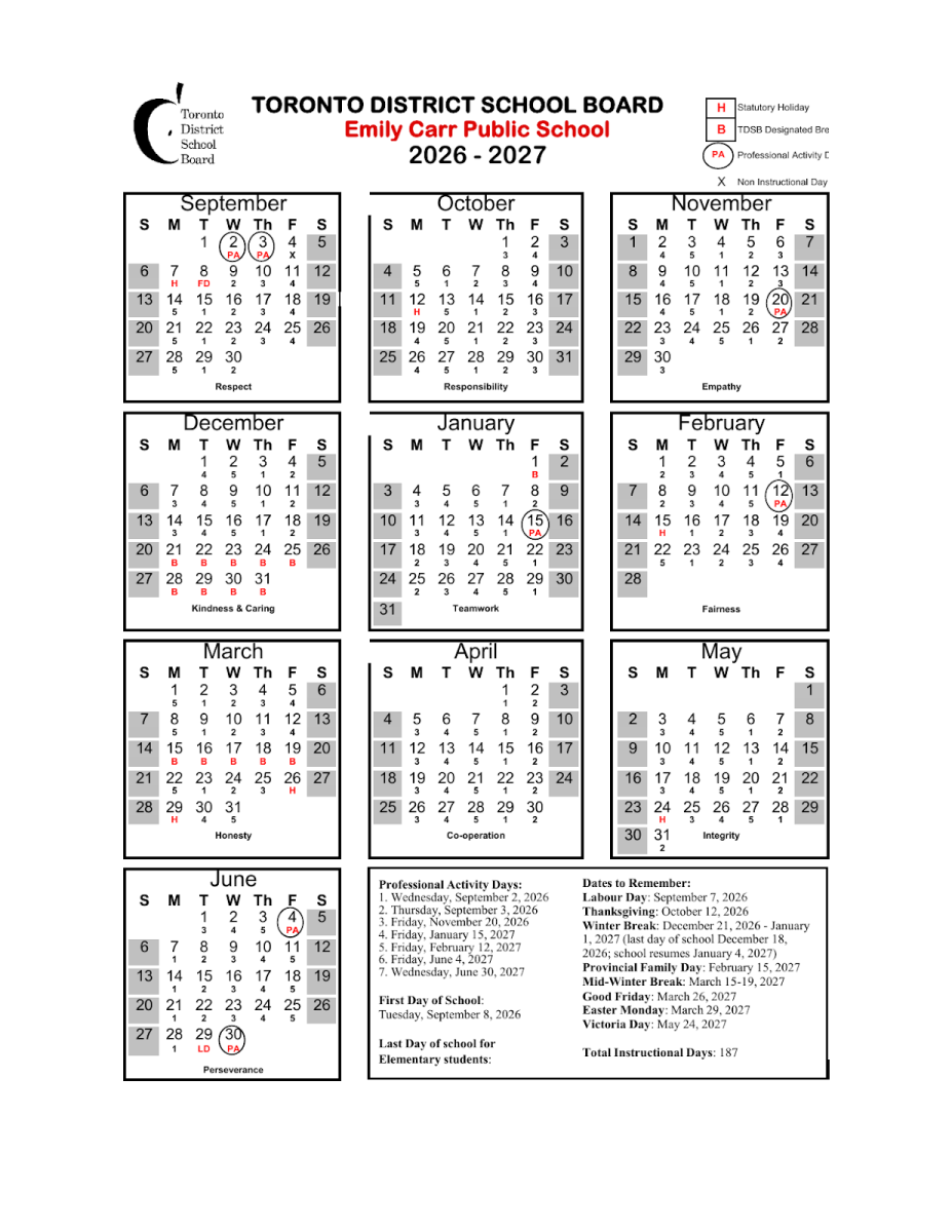 TDSB School Year Cycle Calendar 2026-2027
