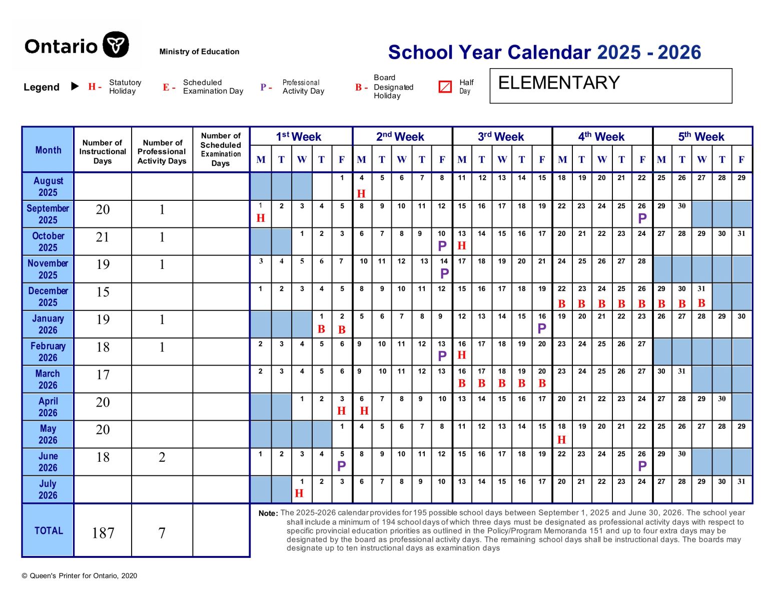 2025-2025 Elementary School Year Calendar