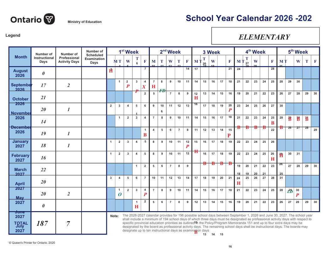 TDSB School Year Calendar 2026-2027