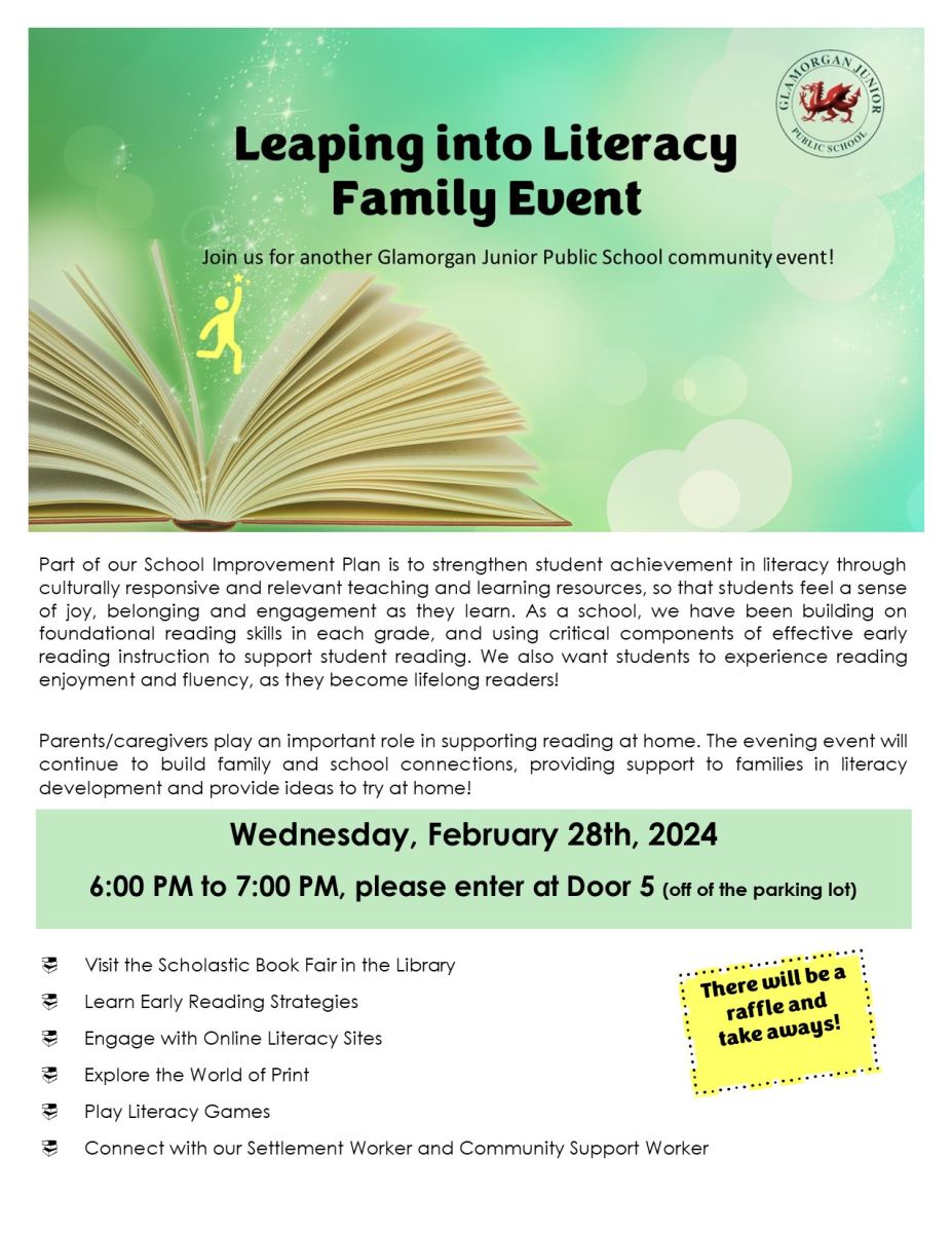 leaping into literacy family event flyer