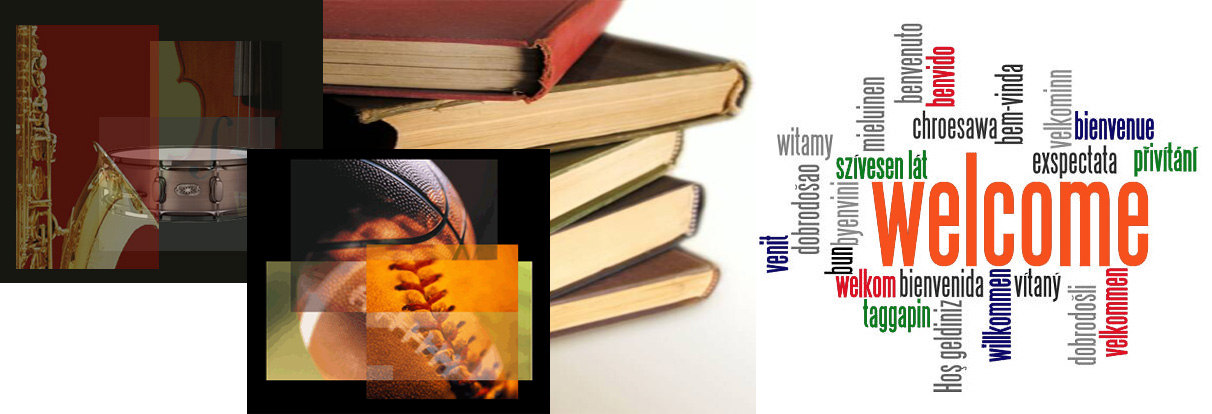 Sports Equipment Musical Instruments Books Collage with Welcome in many languages