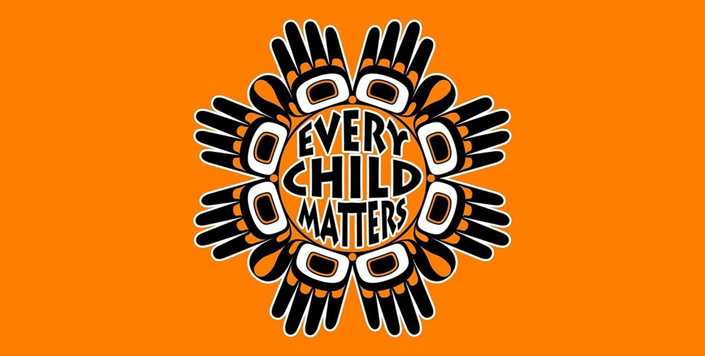 Ornage banner of indigenous design which reads Every Child Matters