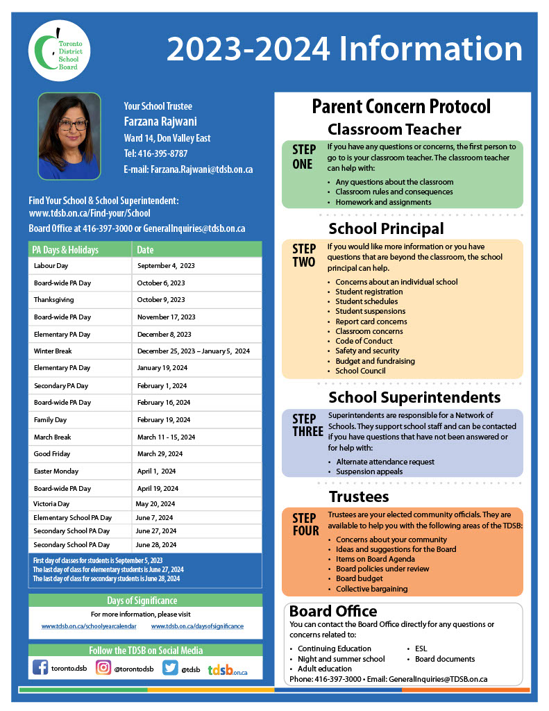 Poster containing important school information for 2023-2024 school year.