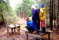 Students attempting to cross a bridge on the low ropes course