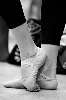 black and white closeup of ballet feet