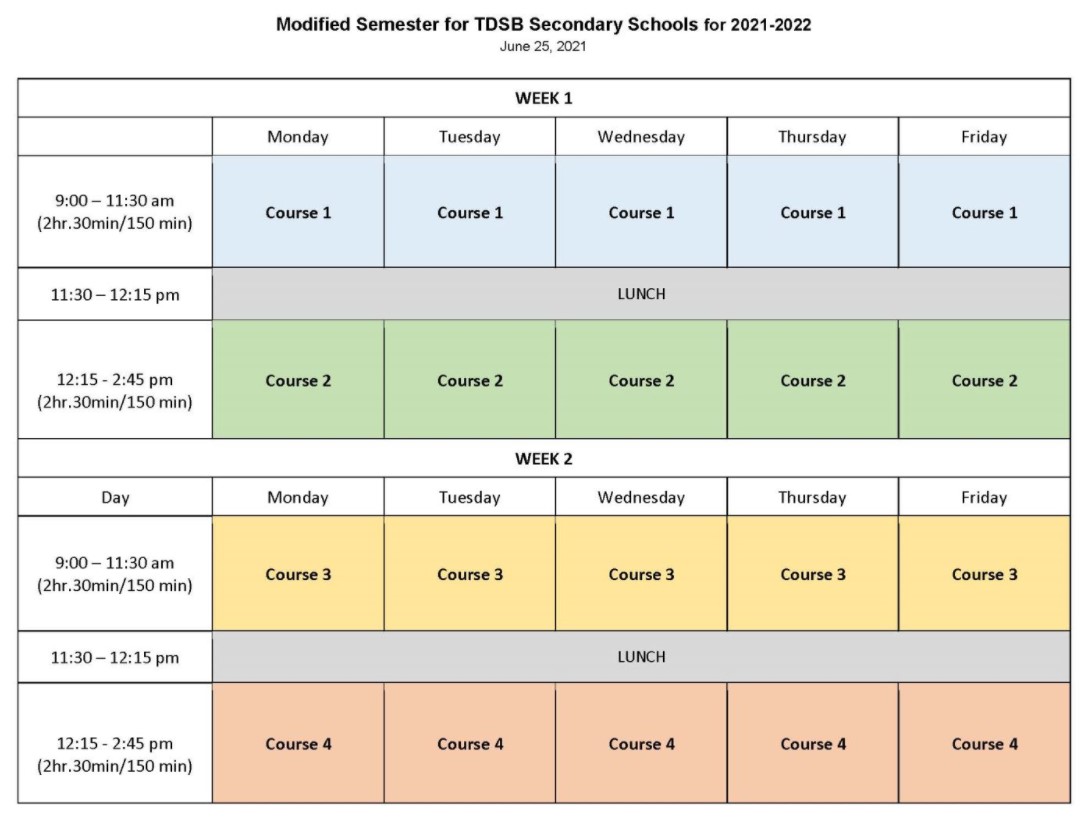 modified semester schedule for 2021/22 school year