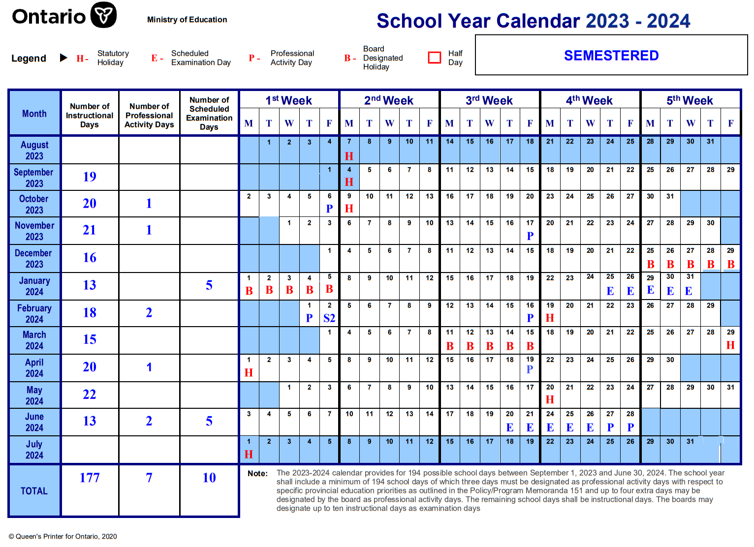 School Year Calendar 2023-2024