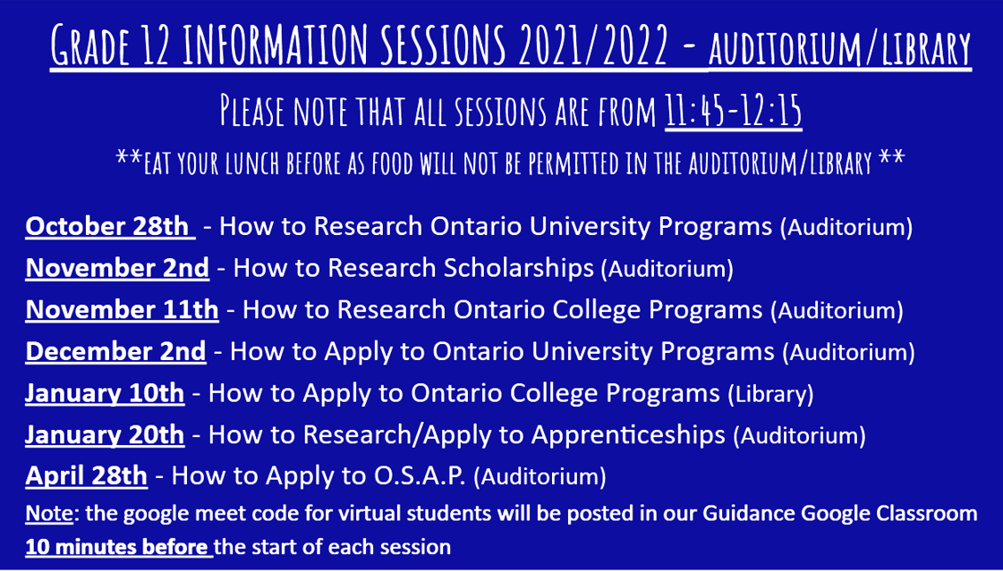 Grade 12 Guidance Information Sessions